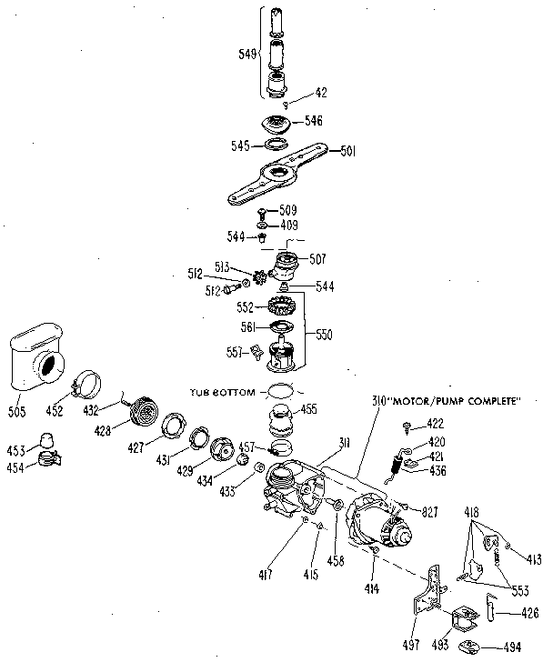 Motor-pump Assembly Diagram and Parts List for GSD1000L01  General Electric Dishwasher