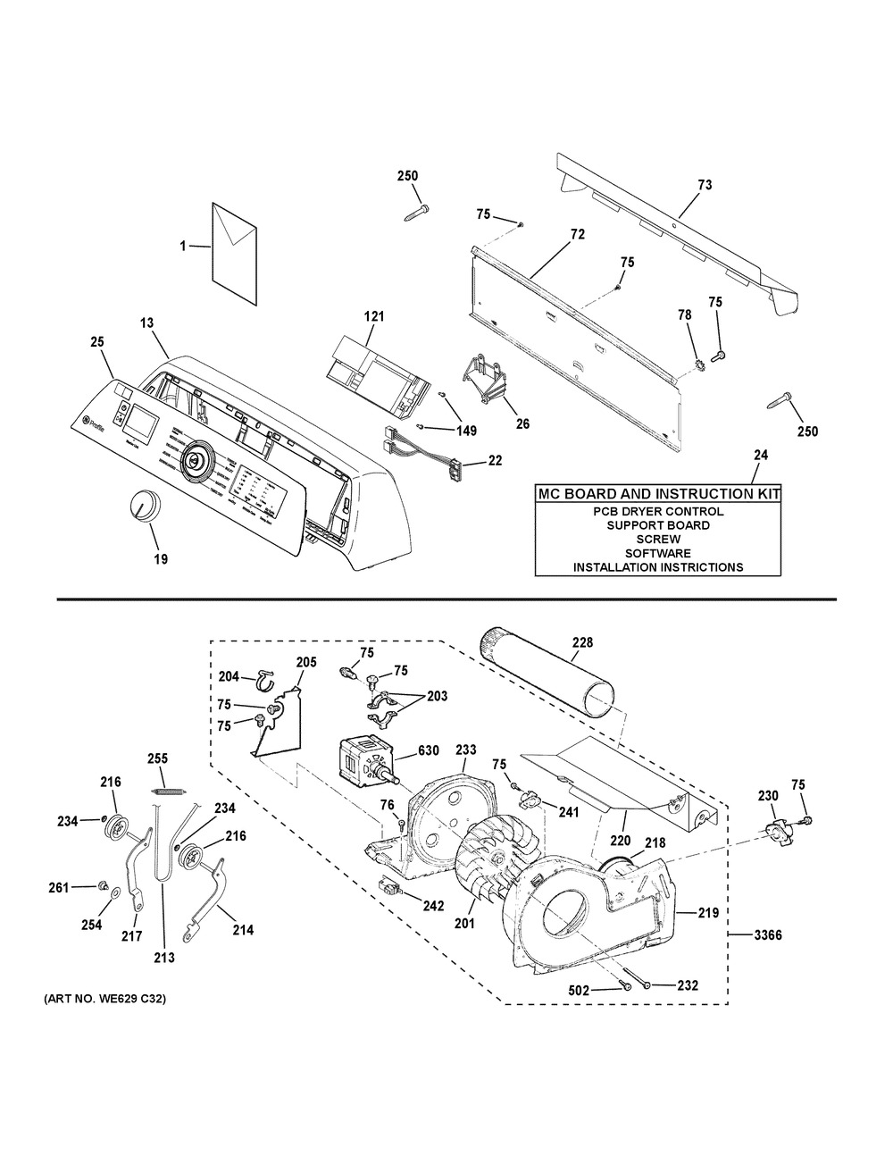 Backsplash, Blower And Motor Assembly Diagram and Parts List for PTD90EBPT1DG  General Electric Dryer
