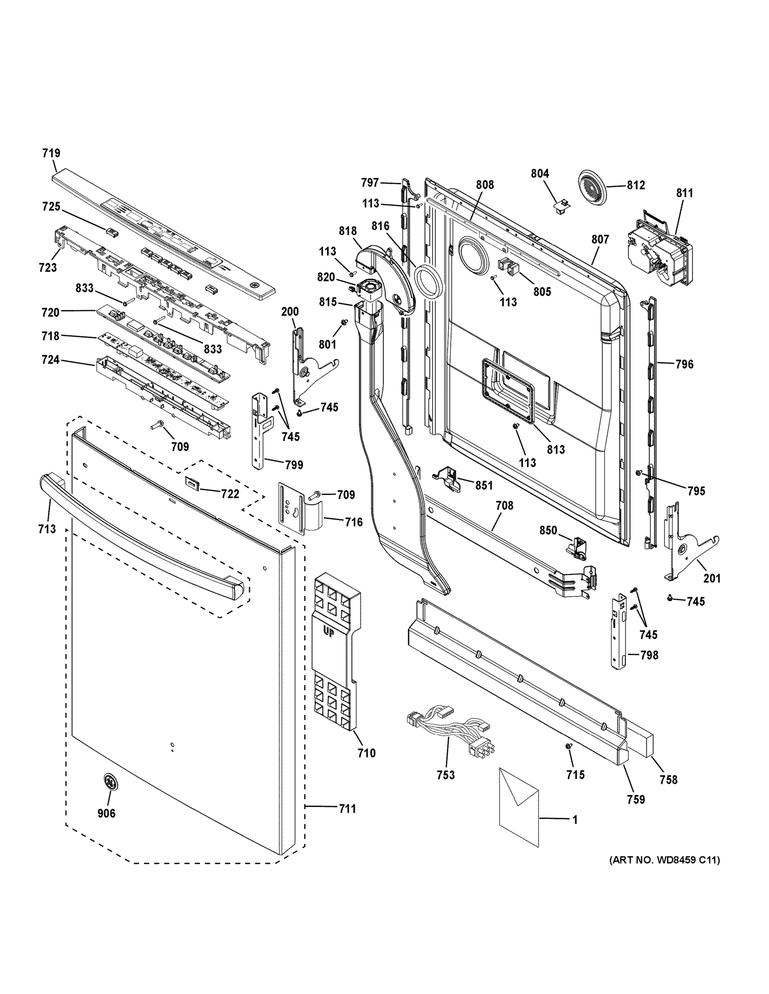 ESCUTCHEON & DOOR ASSEMBLY Diagram and Parts List for GDT680SGH8BB  General Electric Dishwasher