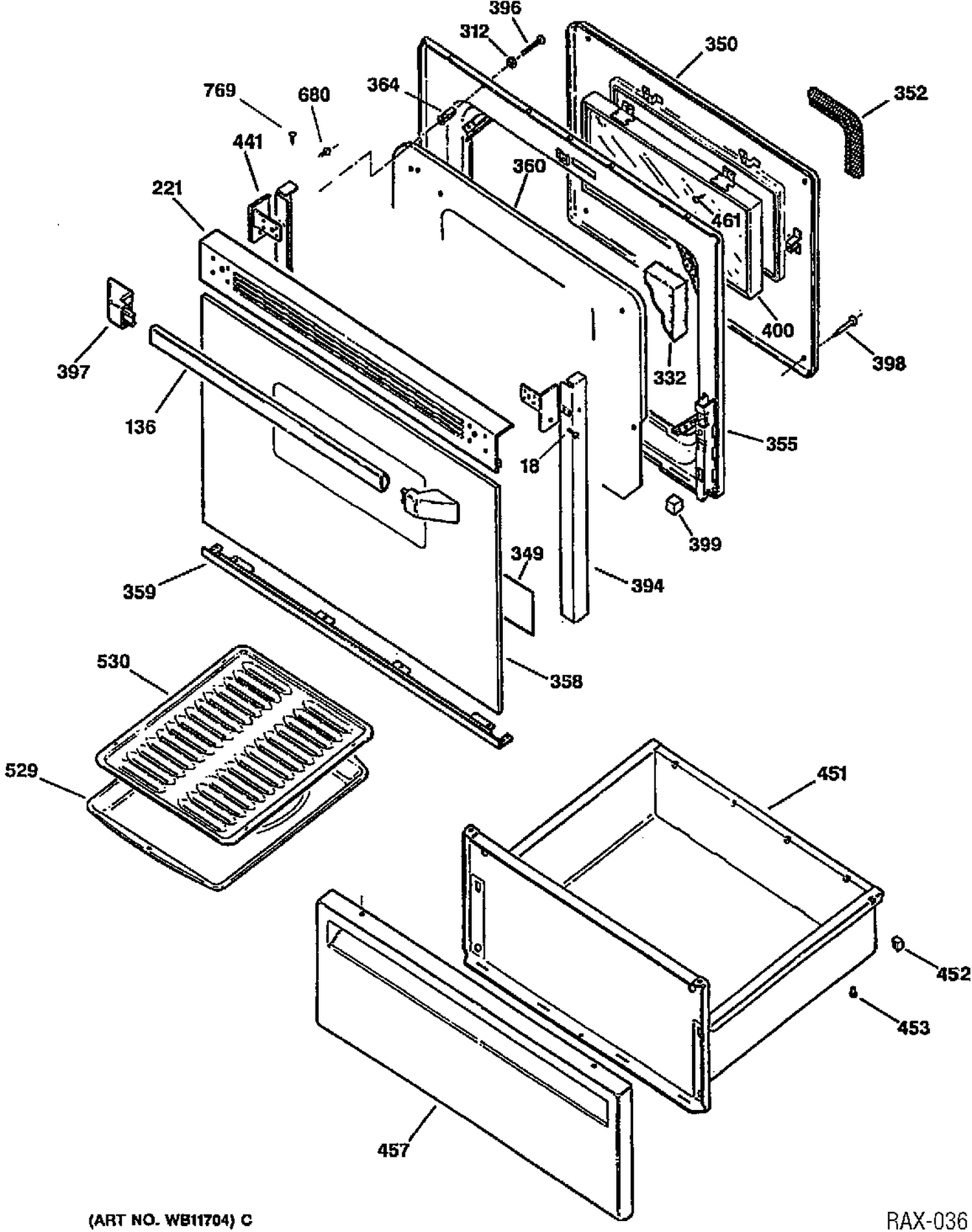 DOOR & DRAWER PARTS Diagram and Parts List for JBP26WV2WW  General Electric Range