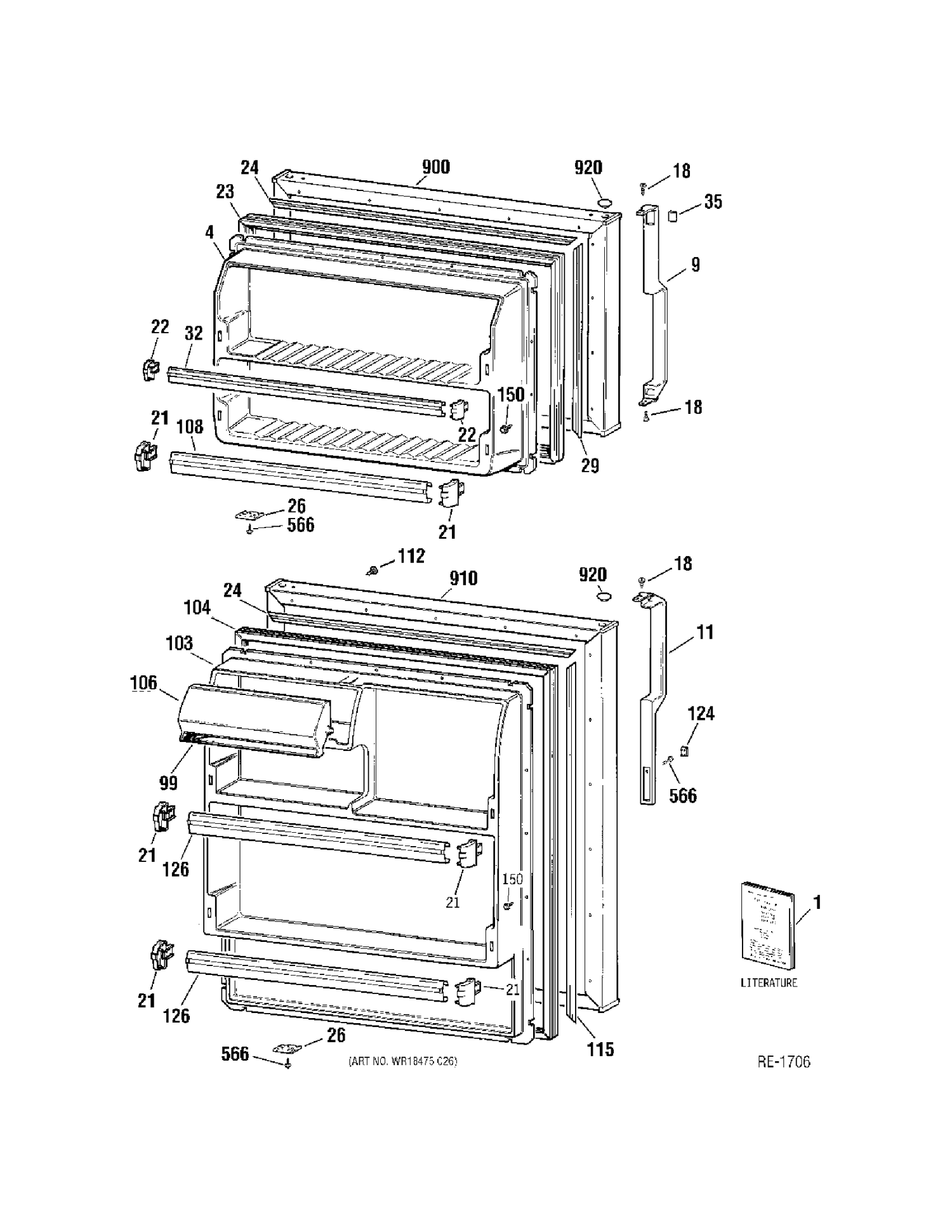DOORS Diagram and Parts List for 38451HBRFRWW  General Electric Refrigerator