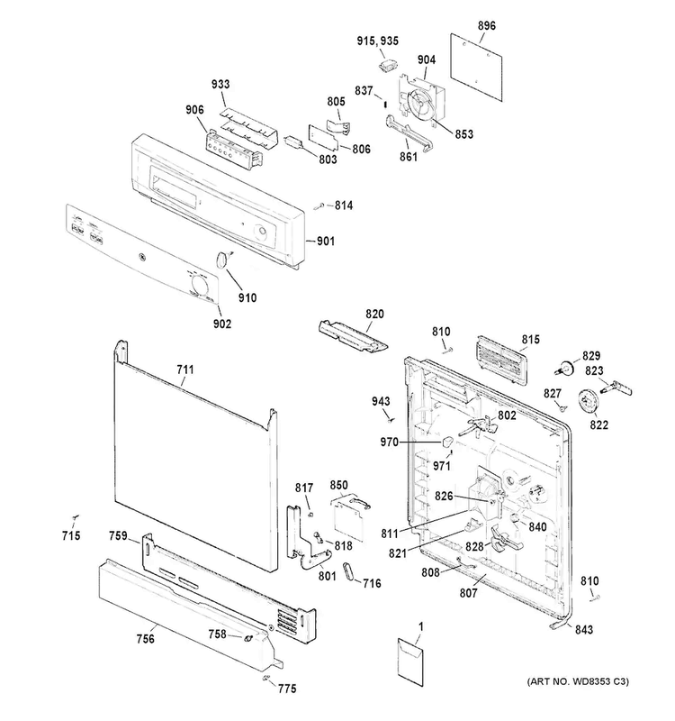 Escutcheon & Door Assembly Diagram and Parts List for GSD3300D45BB  General Electric Dishwasher