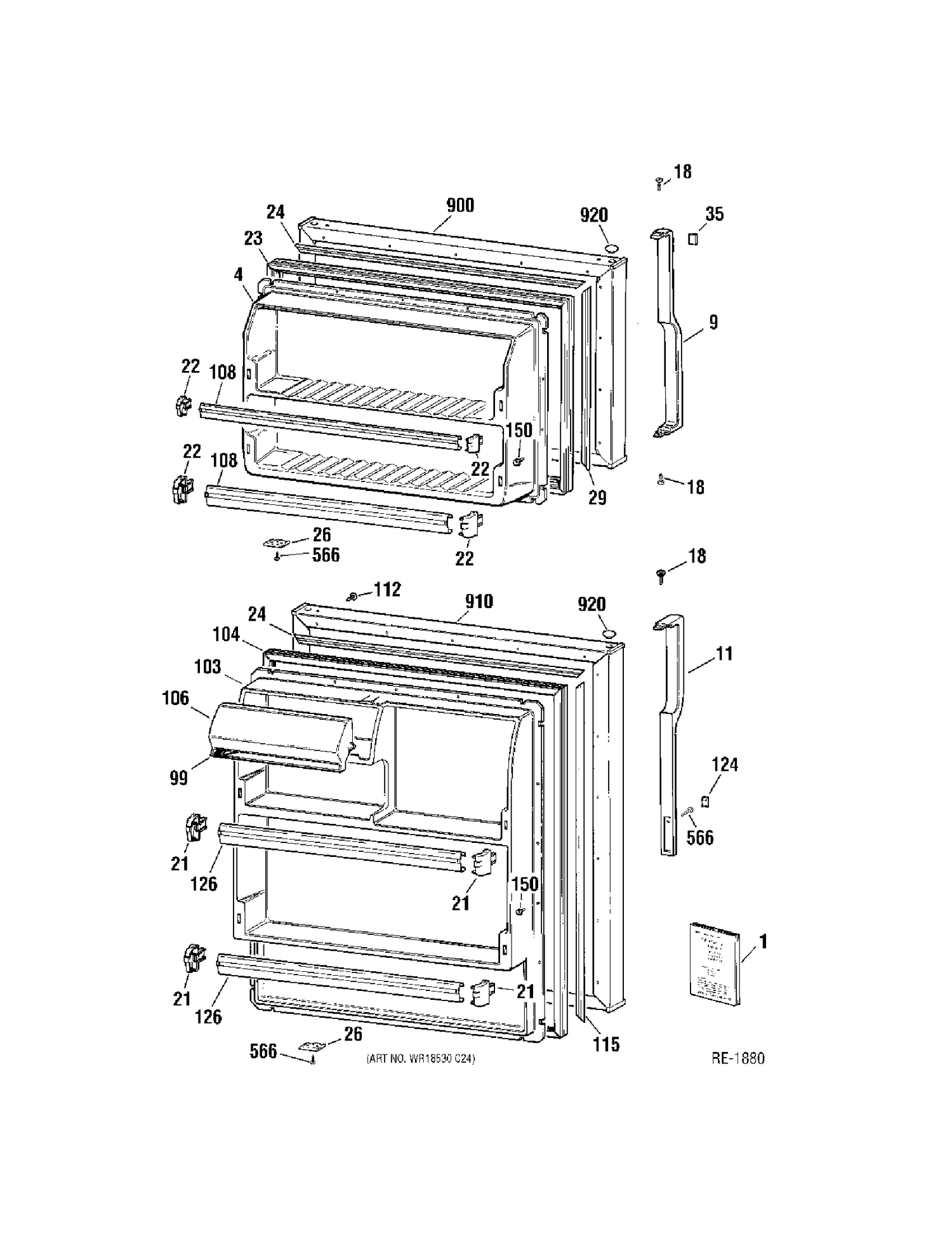 DOORS Diagram and Parts List for 36411XBRERWW  General Electric Refrigerator