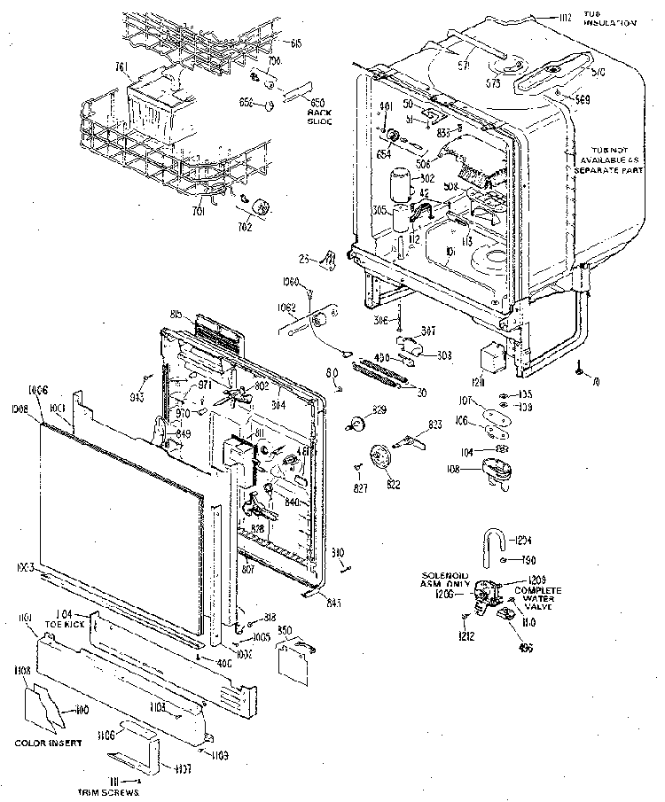 Tub And Door Assembly Diagram and Parts List for GSD500G-01  General Electric Dishwasher