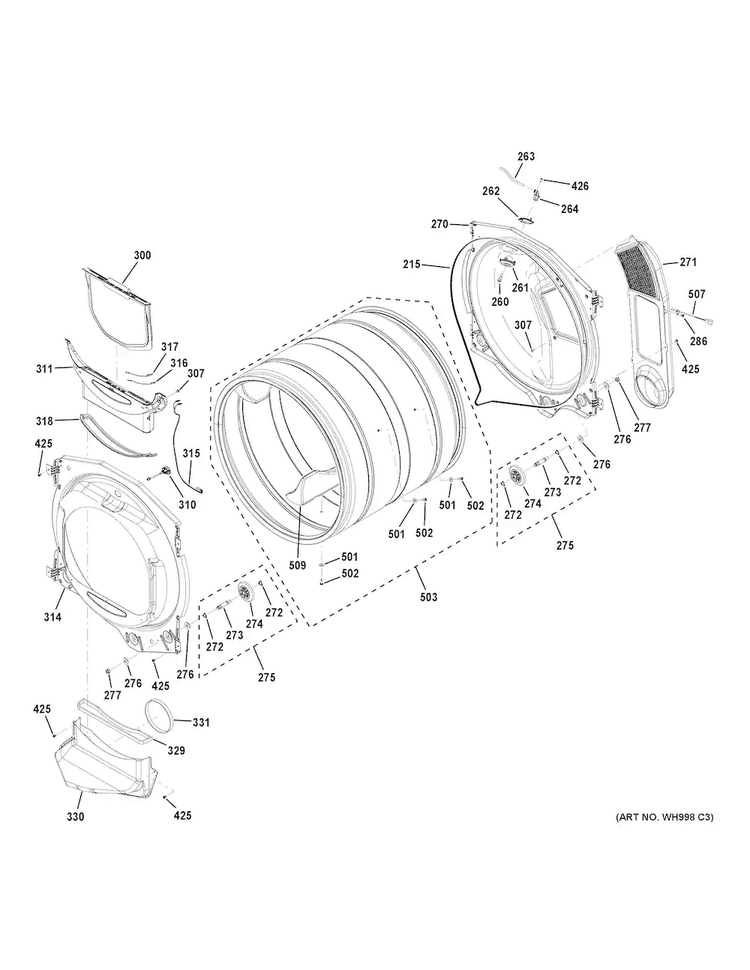 Drum Diagram and Parts List for GFD49ERPK0RR  General Electric Dryer
