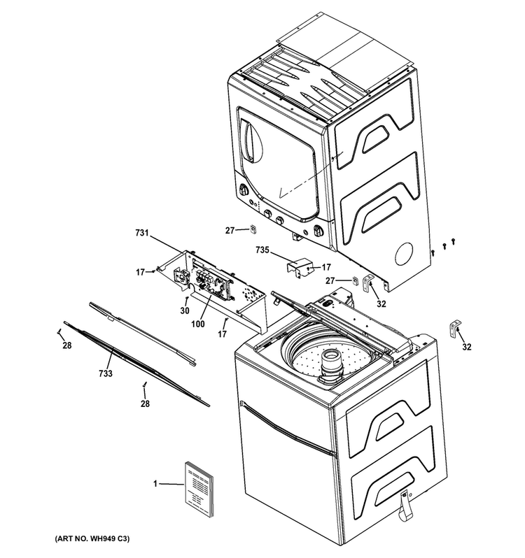 Cabinet Diagram and Parts List for GTUP240GM6WW  General Electric Washer Dryer Combo