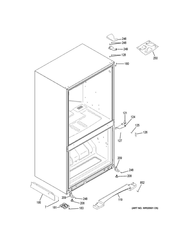 Case Parts Diagram and Parts List for GDE23GGHBRWW  General Electric Refrigerator