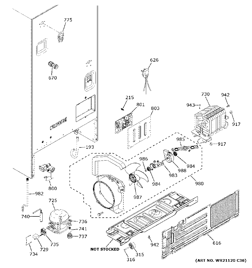 Machine compartment Diagram and Parts List for GFE26JYMKFFS  General Electric Refrigerator
