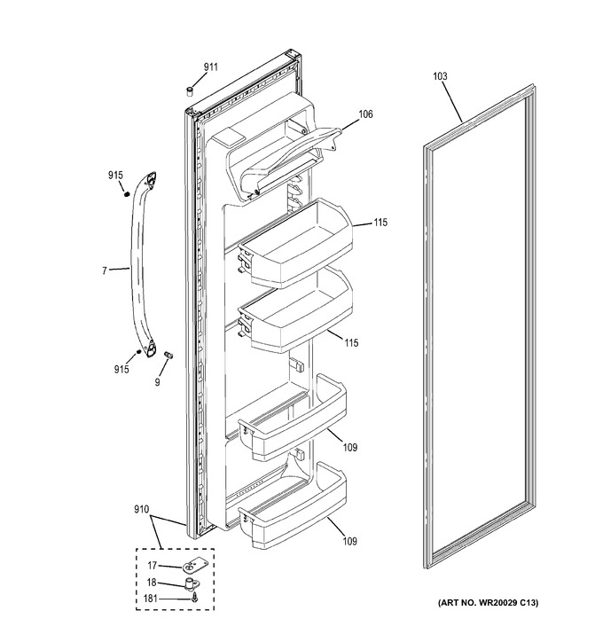 Fresh Food Door Diagram and Parts List for GSH22JGDCCC  General Electric Refrigerator