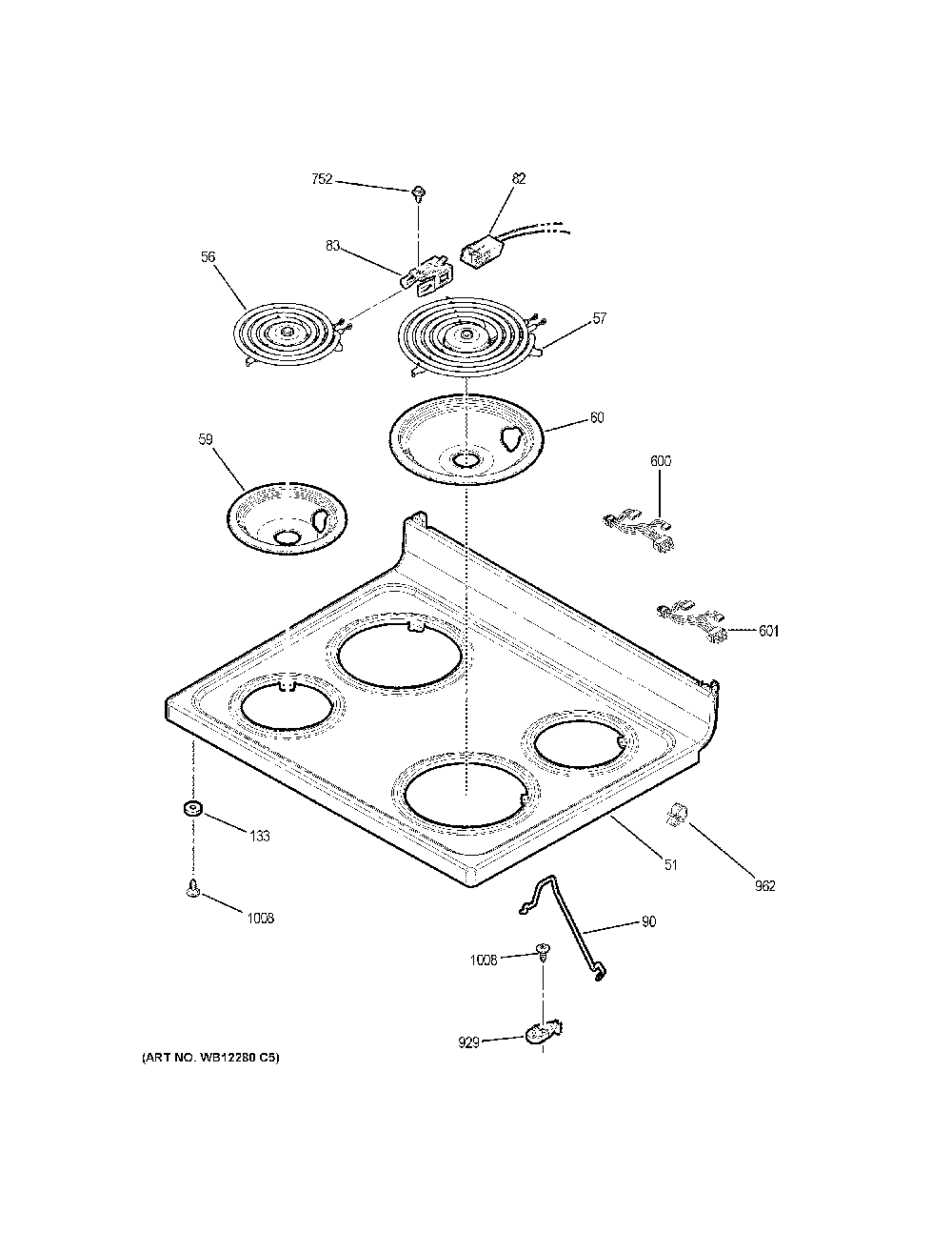 Cooktop Diagram and Parts List for XB258DM3BB  General Electric Range