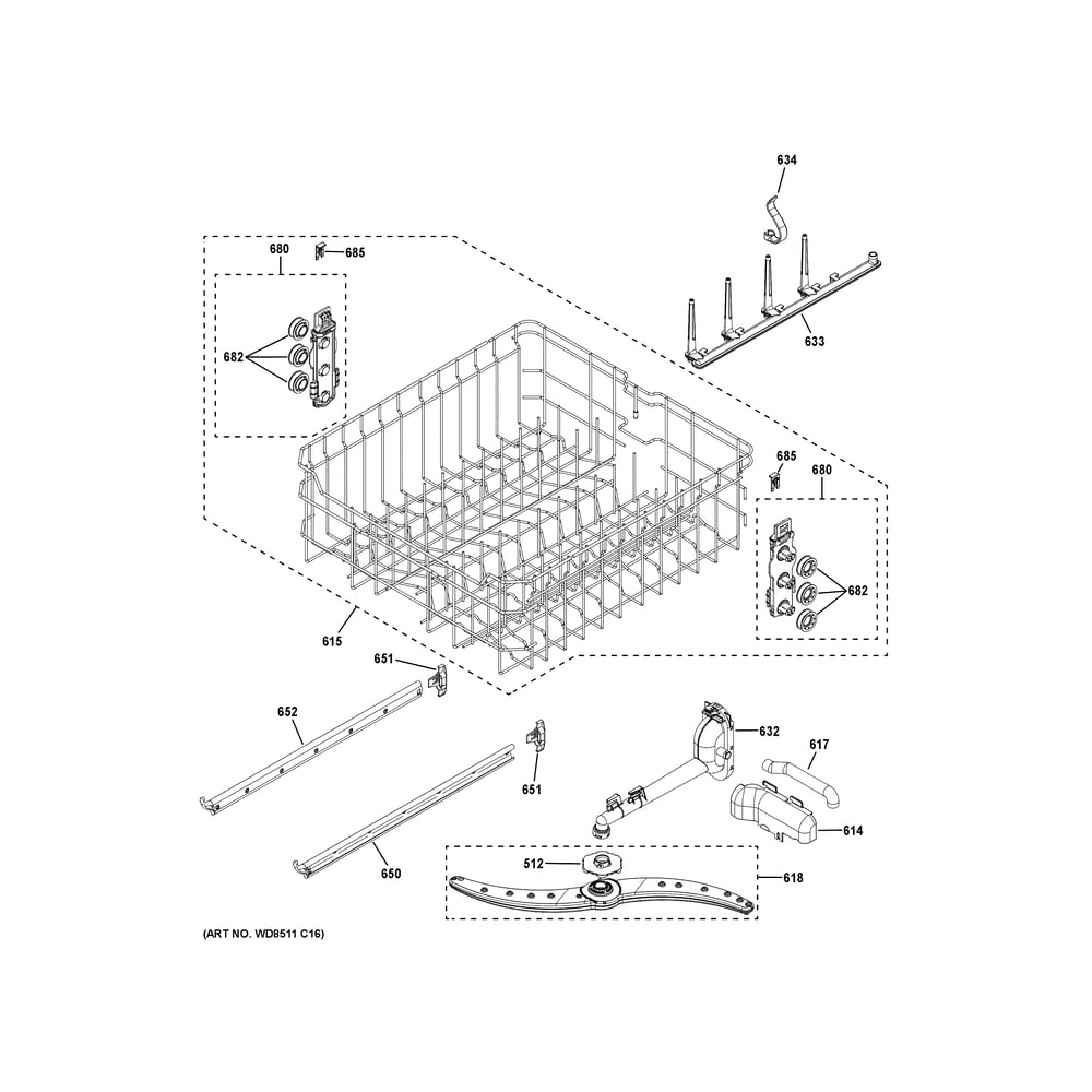 Upper Rack Assembly Diagram and Parts List for GDF650SMV3ES  General Electric Dishwasher