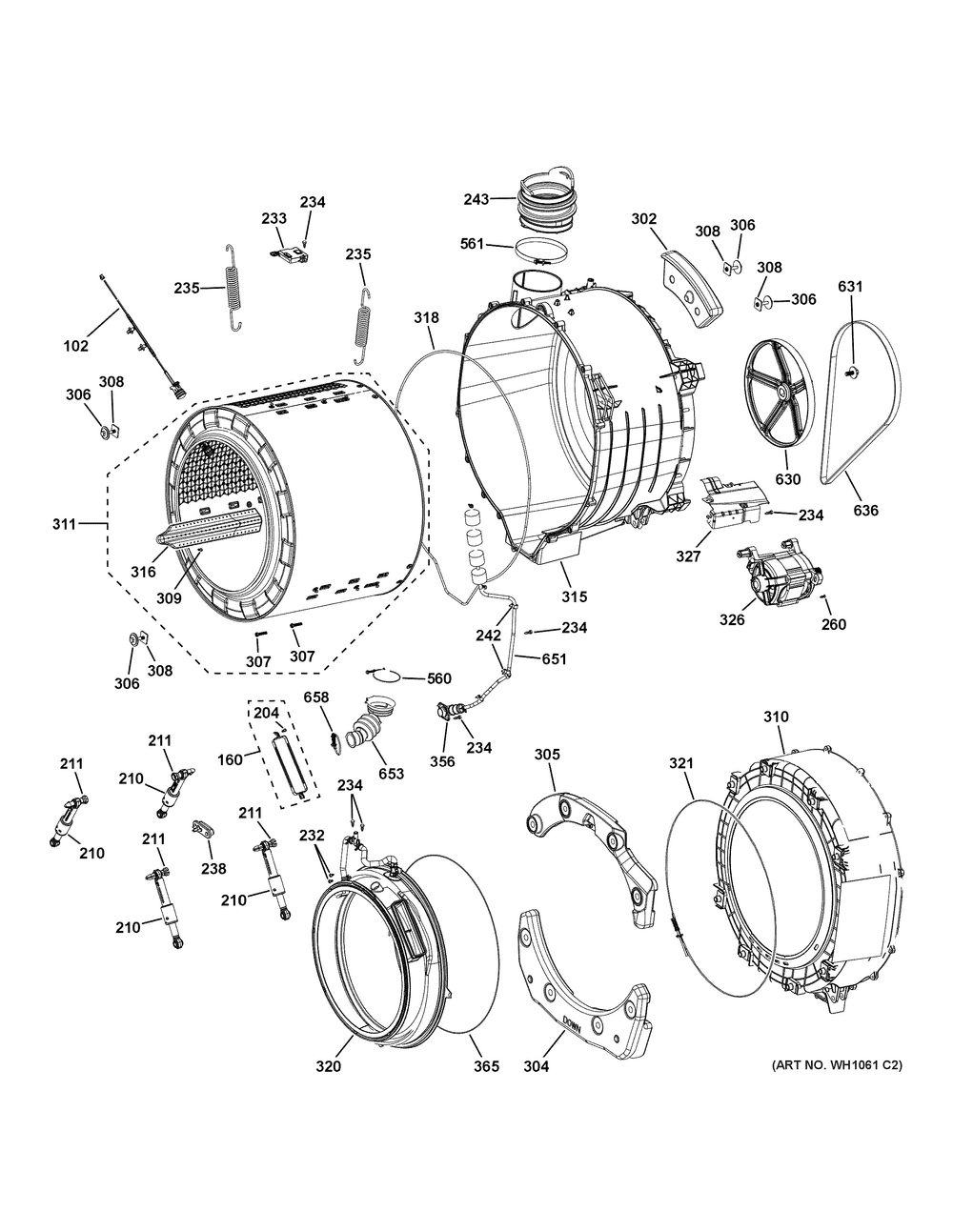 Tub And Motor Diagram and Parts List for PFQ97HSPV2DS  General Electric Air Conditioner