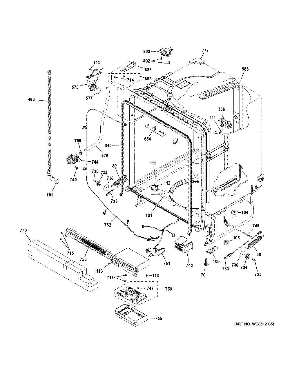 Body Parts Diagram and Parts List for GDT535PGR0WW  General Electric Dishwasher