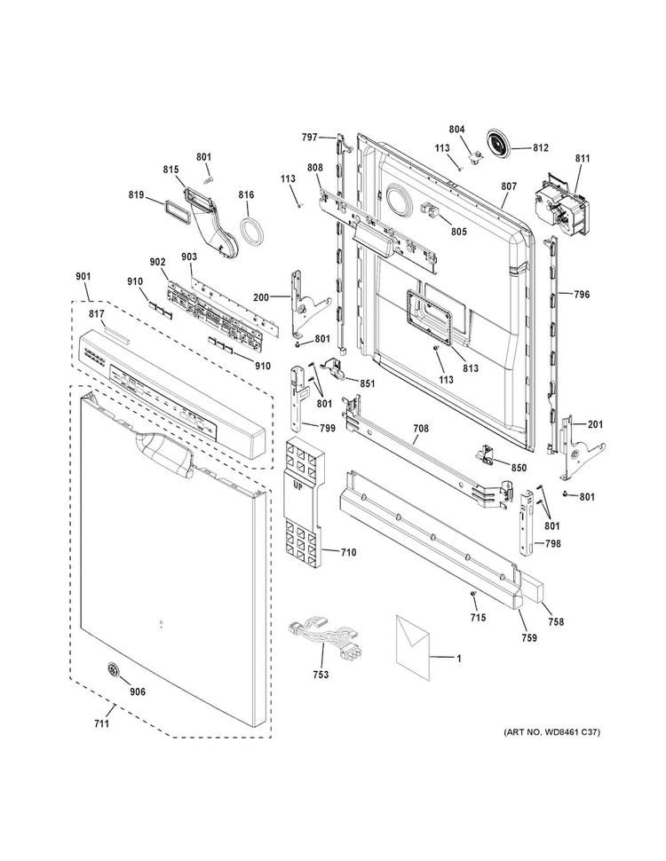 Escutcheon & Door Assembly Diagram and Parts List for GDF570SGF4CC  General Electric Dishwasher