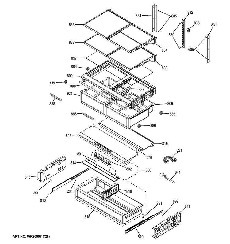 Fresh Food Shelves Diagram and Parts List for CFE28USHCSS  General Electric Refrigerator