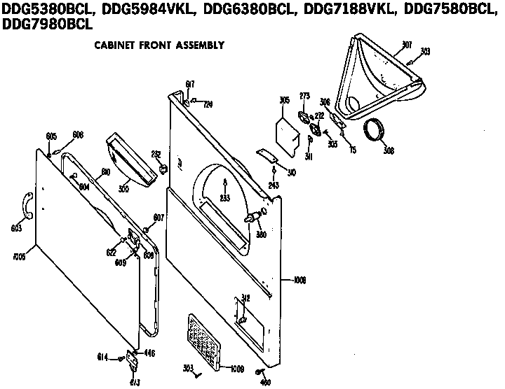 Cabinet Front Diagram and Parts List for DDG7188VKL  General Electric Dryer