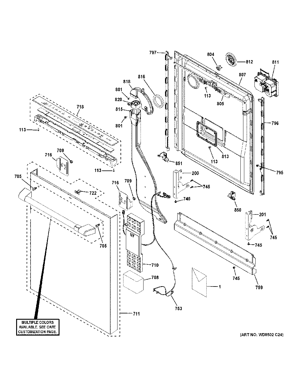 Escutcheon And Door Assembly Diagram and Parts List for CDT805P2N8S1  General Electric Dishwasher