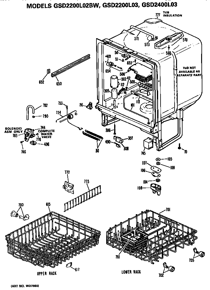 Tub/racks Diagram and Parts List for GSD2200L03  General Electric Dishwasher