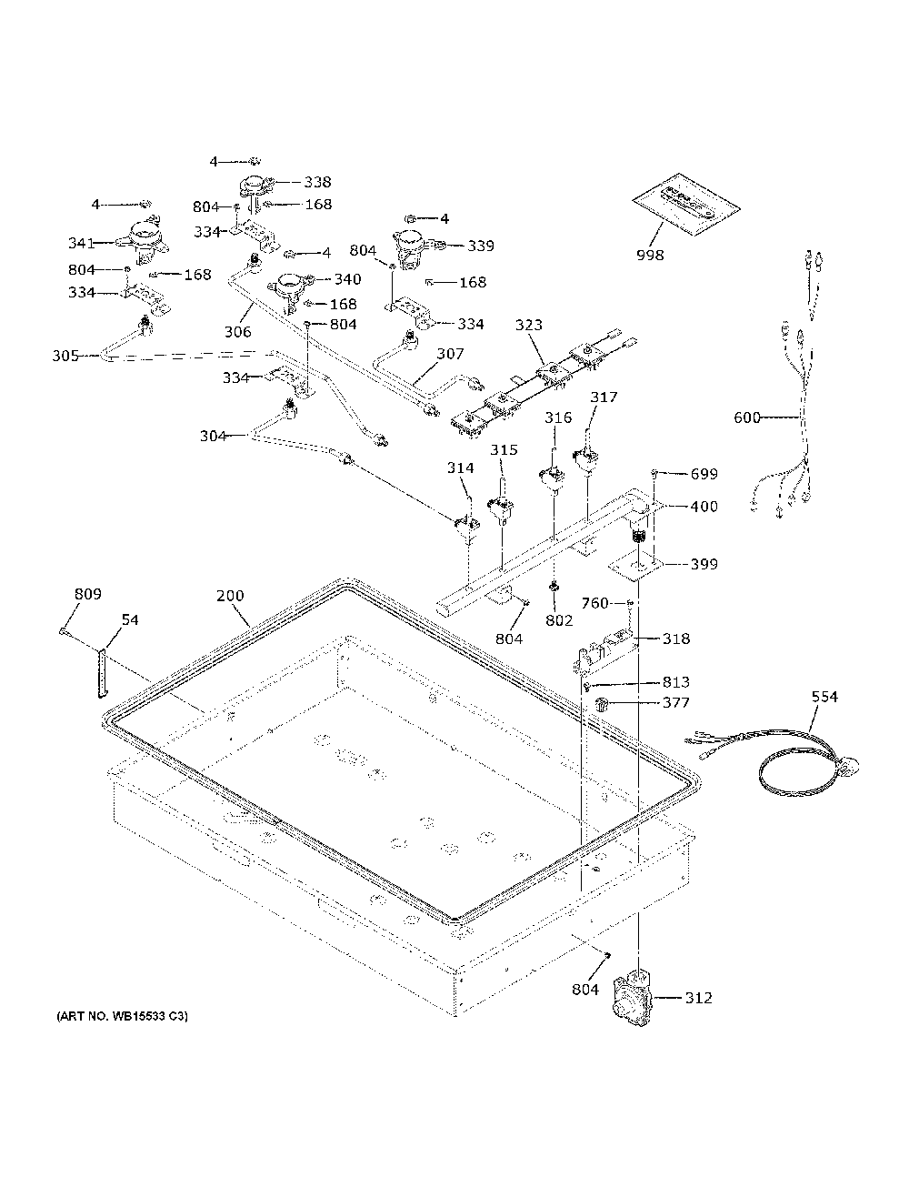 Gas And Burner Parts Diagram and Parts List for CGP60302T1S1  General Electric Cooktop