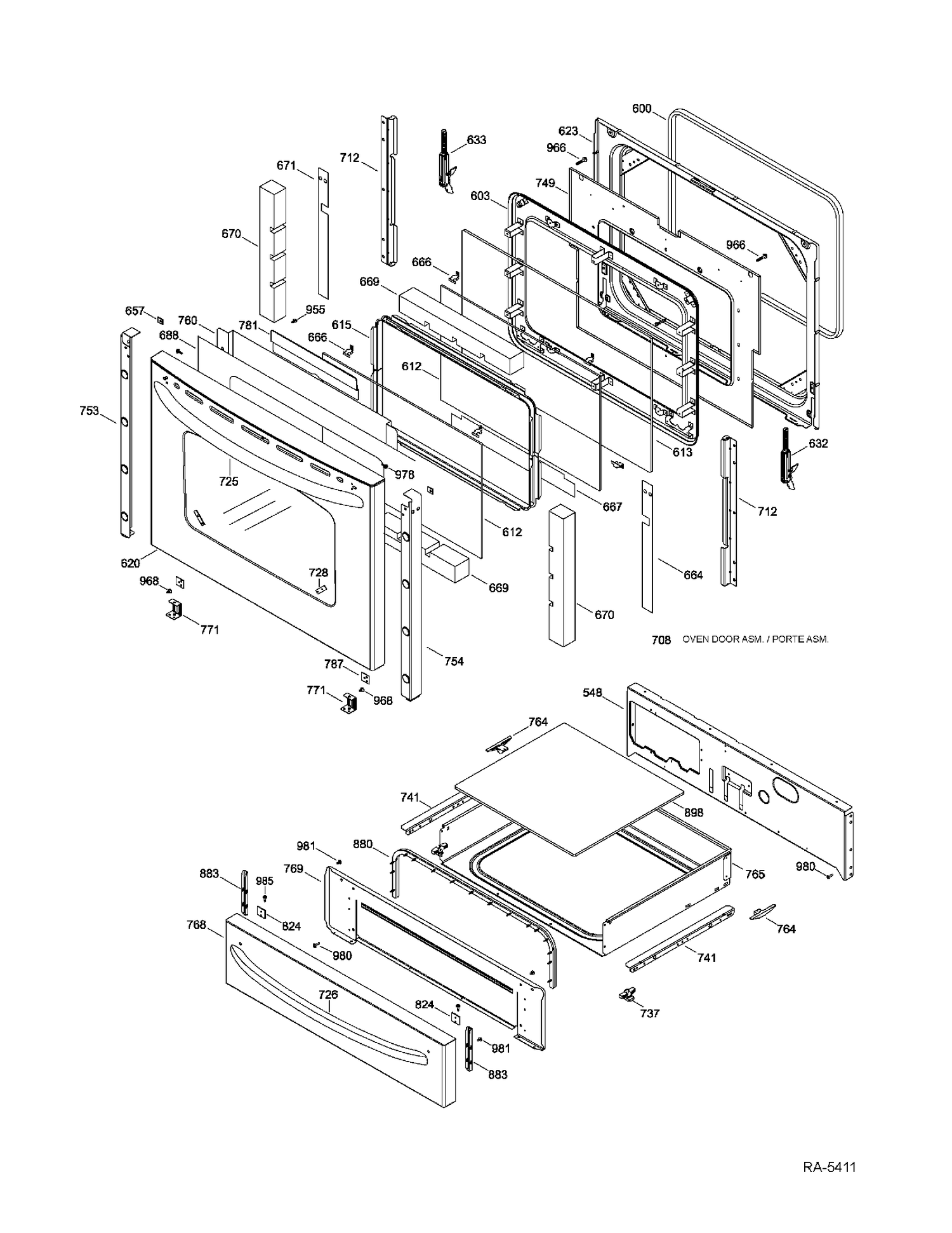 DOOR & DRAWER Diagram and Parts List for JCSP46SR3SS  General Electric Range