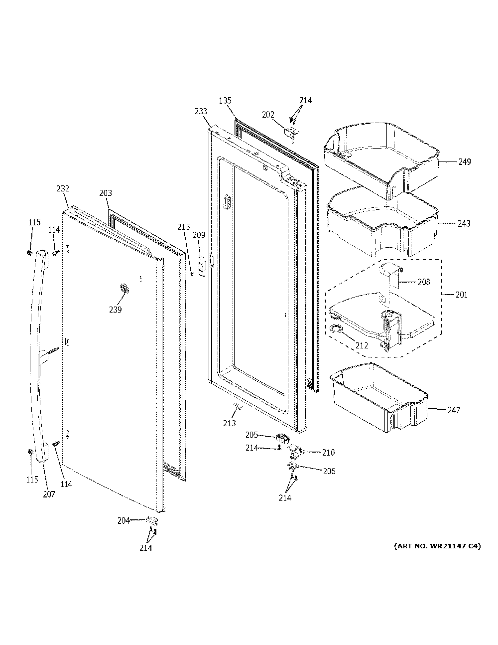 Fresh food door - rh Diagram and Parts List for GFD28GMLHES  General Electric Refrigerator