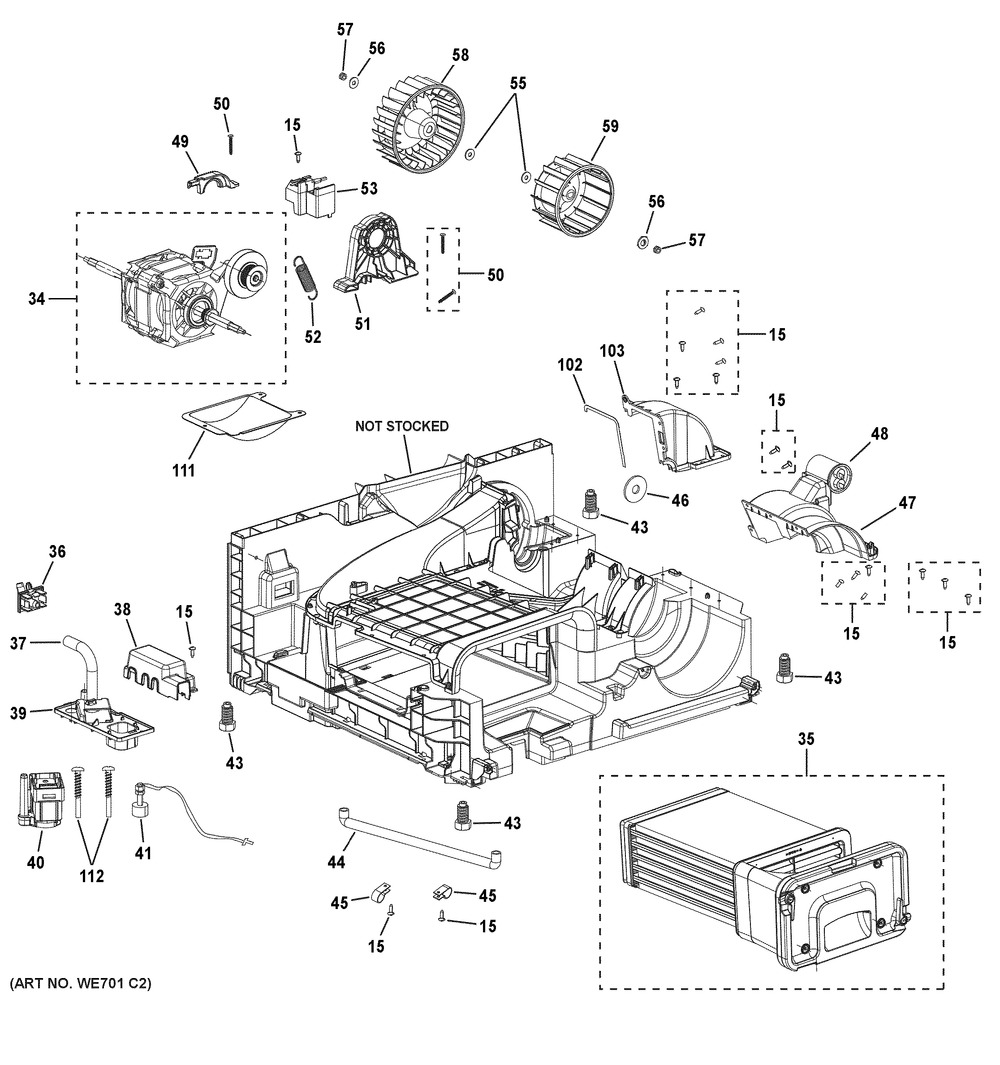 Blower, Motor & Condenser Assembly Diagram and Parts List for GFT14ESSM1WW  General Electric Dryer