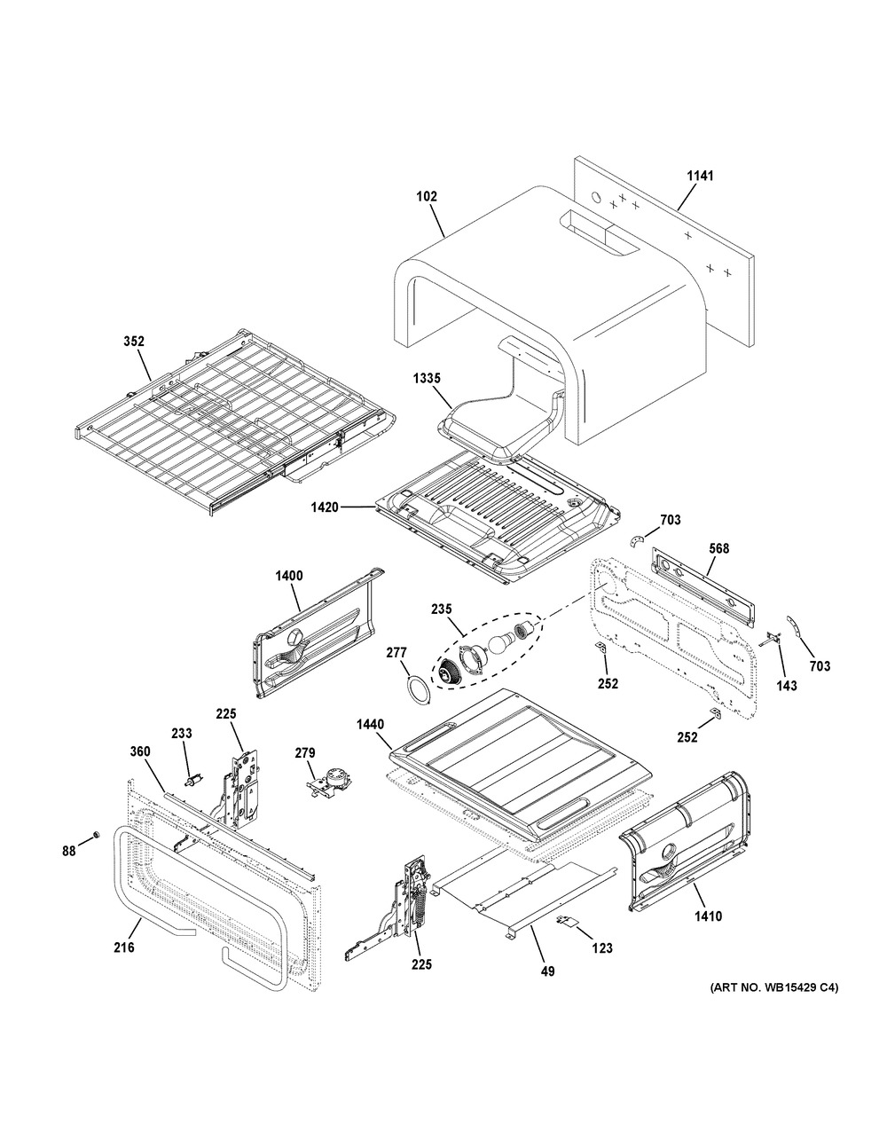 Upper Oven Diagram and Parts List for PGB980ZEJ5SS  General Electric Range