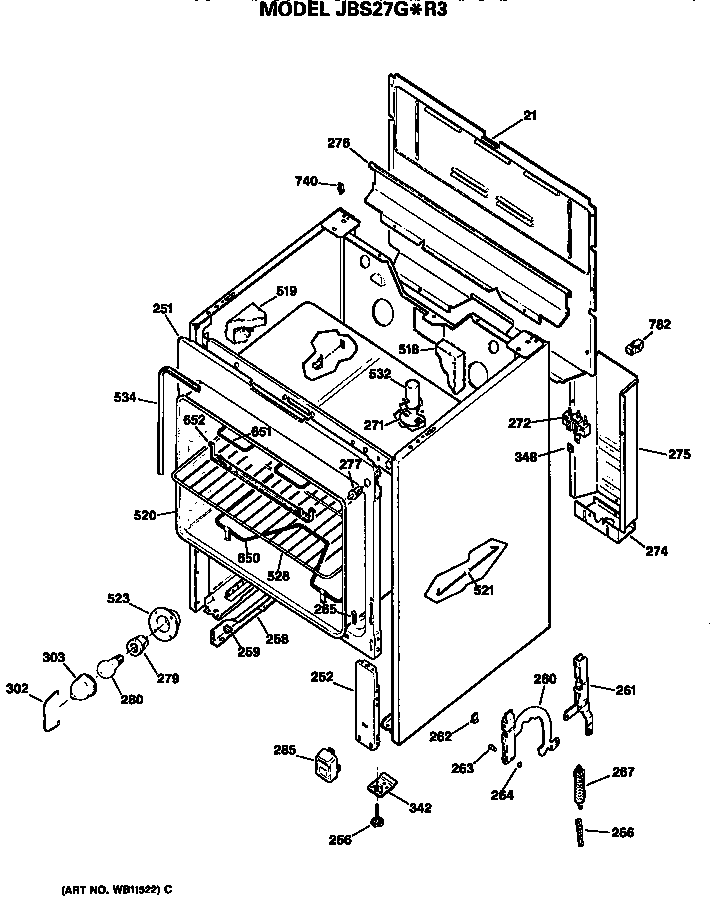 Main Body Diagram and Parts List for JBS27G*R33  General Electric Range