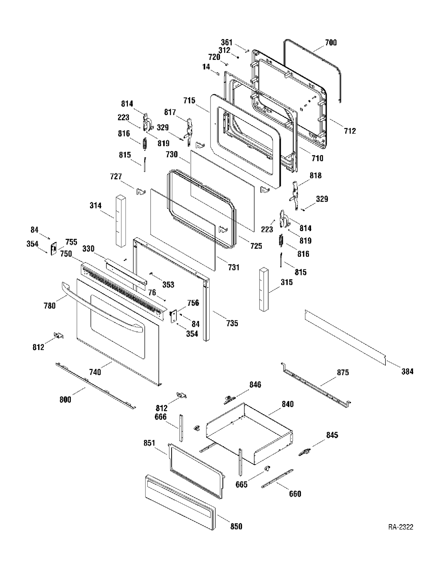 DOOR & DRAWER Diagram and Parts List for MCB787WK2WW  General Electric Range