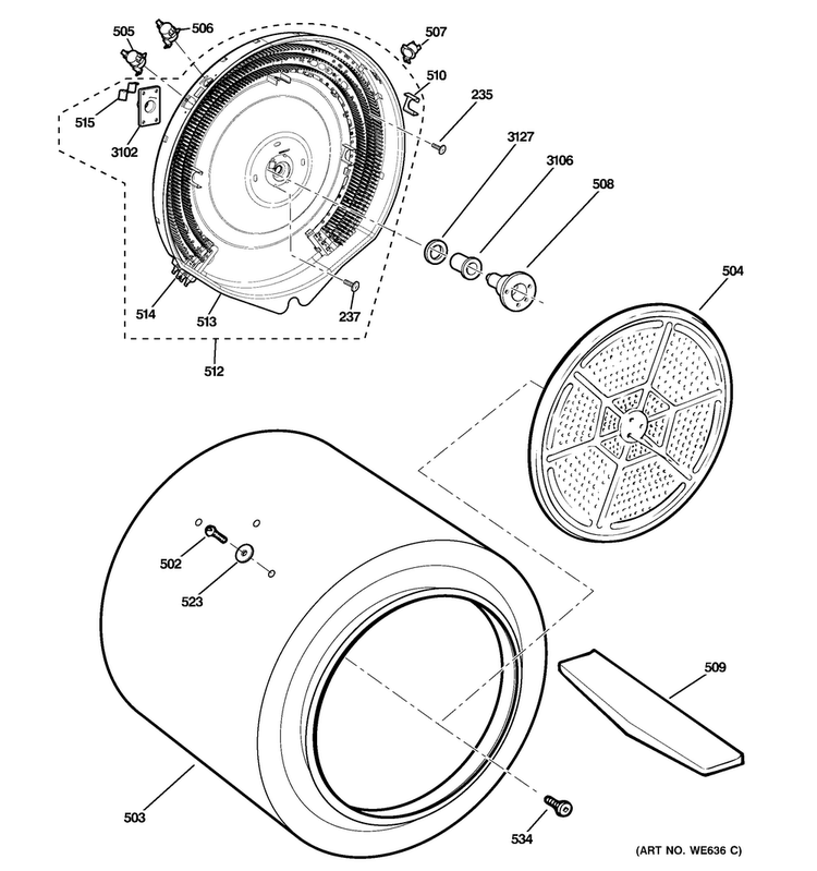 Drum Diagram and Parts List for GTDL210ED3WW  General Electric Dryer