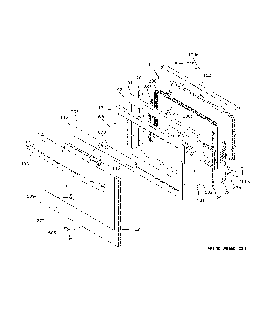 Upper Door Diagram and Parts List for PTD9000BN3TS  General Electric Wall Oven