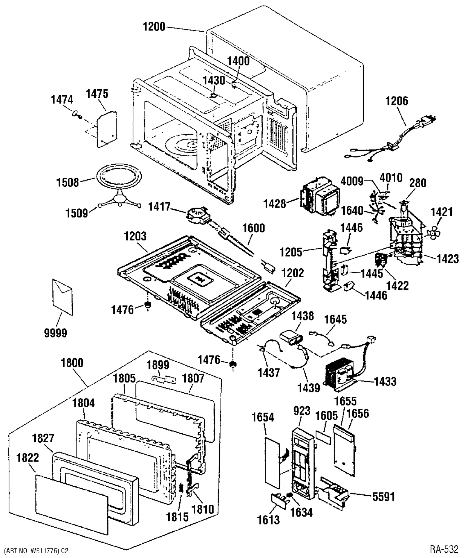 CASE, DOOR & CONTROLS Diagram and Parts List for JE1340WAC01  General Electric Microwave