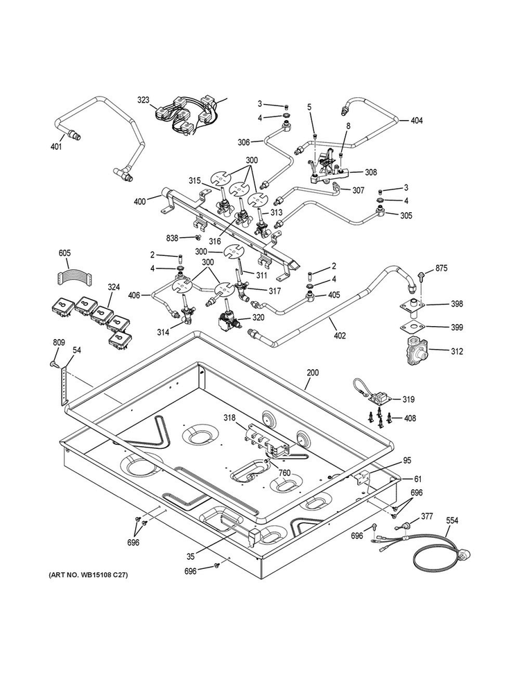 Gas & Burner Parts Diagram and Parts List for PGP959SET4SS  General Electric Cooktop