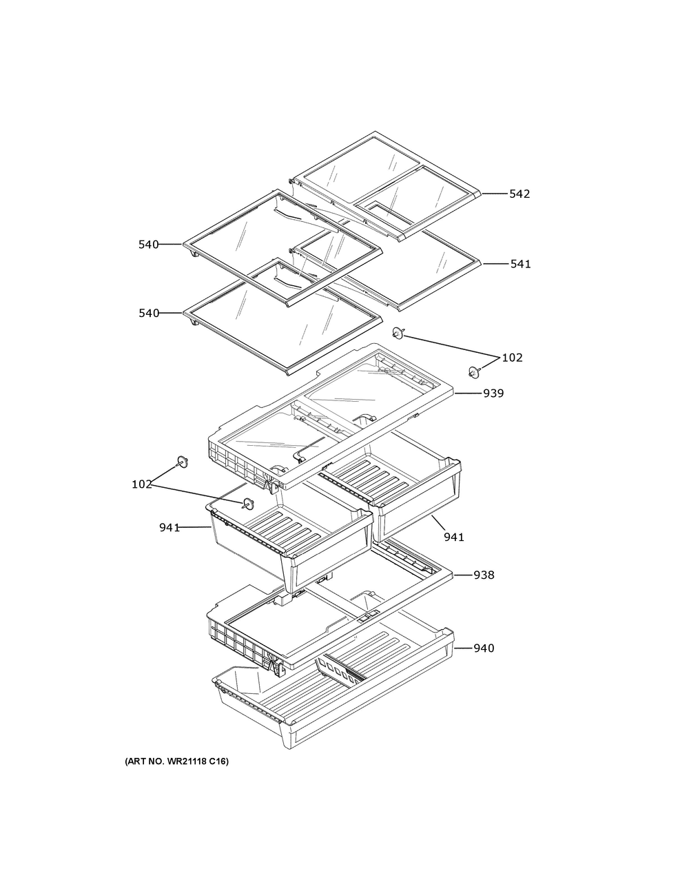 Fresh Food Shelves Diagram and Parts List for GWE22JYMBFFS  General Electric Refrigerator