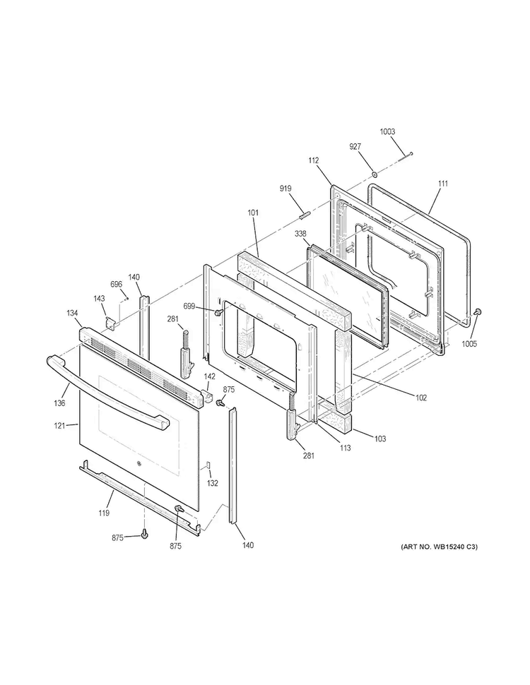 Door Diagram and Parts List for JB645DK1WW  General Electric Range
