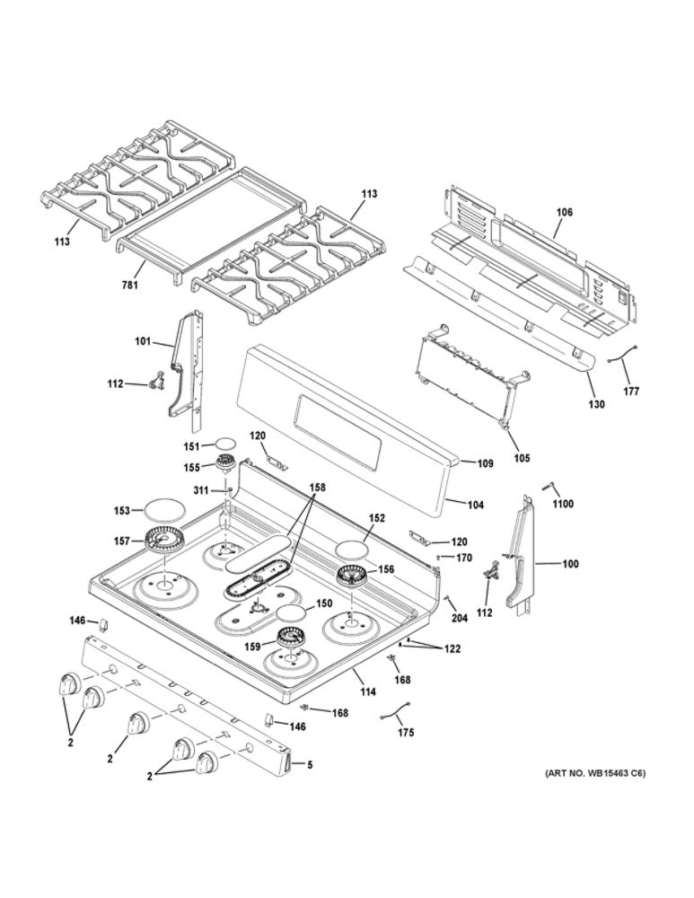 Control Panel And Cooktop Diagram and Parts List for JGB860SEJ6SS  General Electric Range