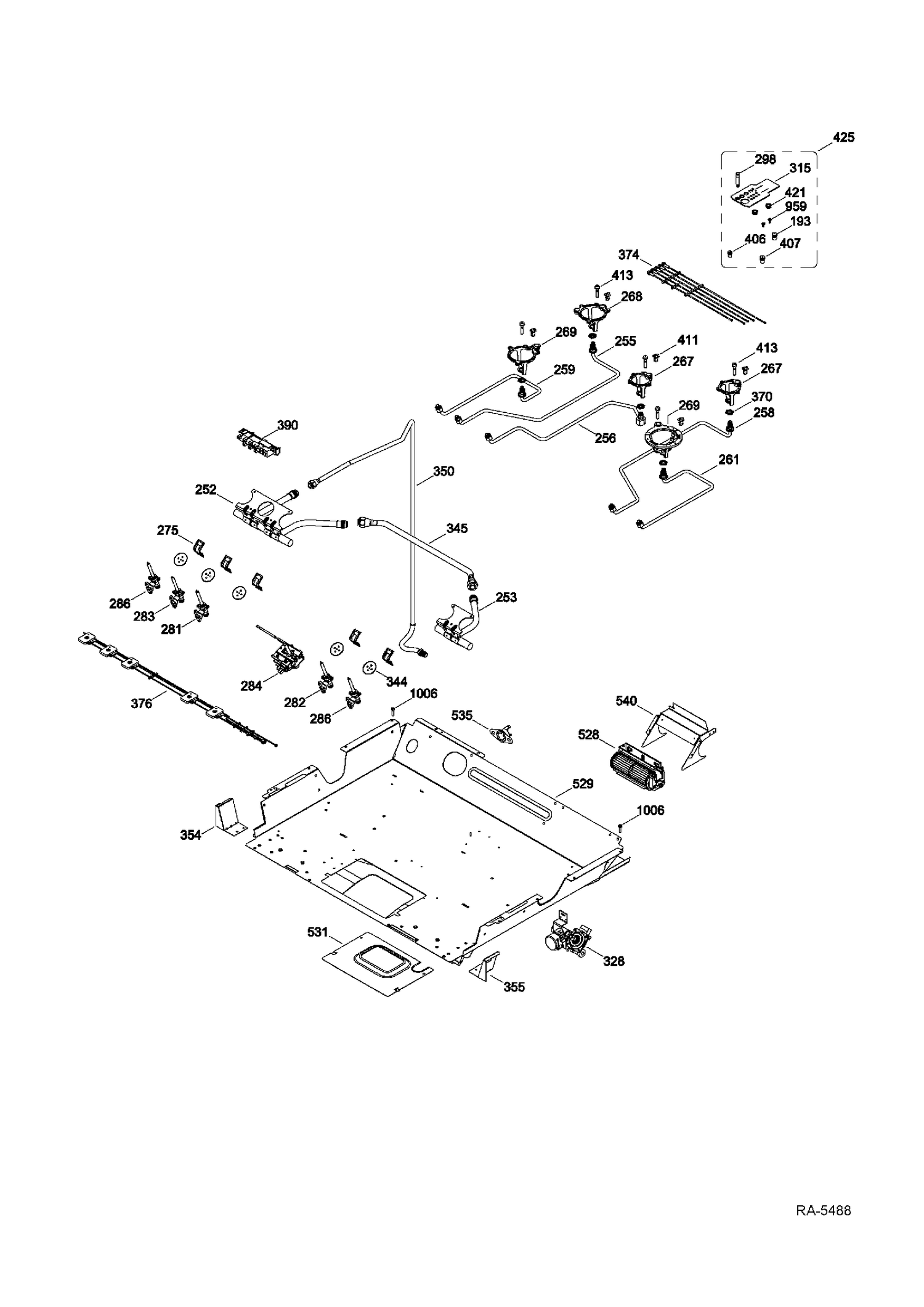 GAS & BURNER Diagram and Parts List for P2S975SER4SS  General Electric Range