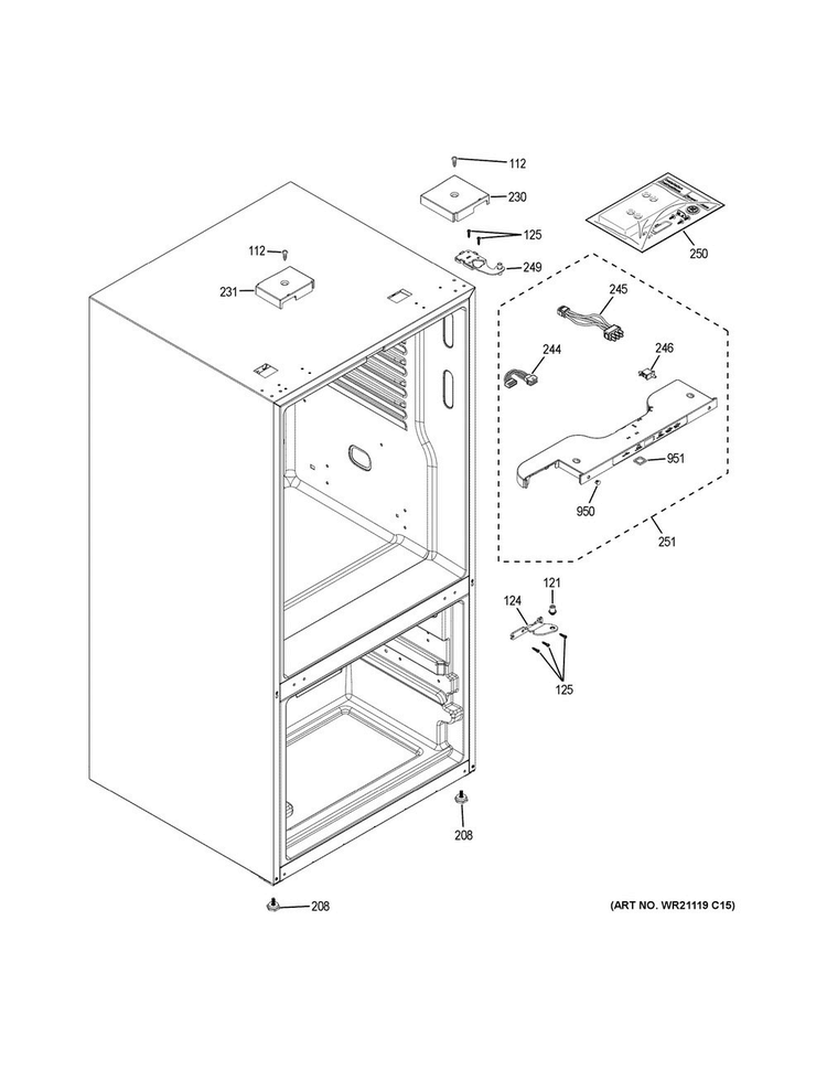 Case Parts Diagram and Parts List for GDE25EGKARWW  General Electric Refrigerator