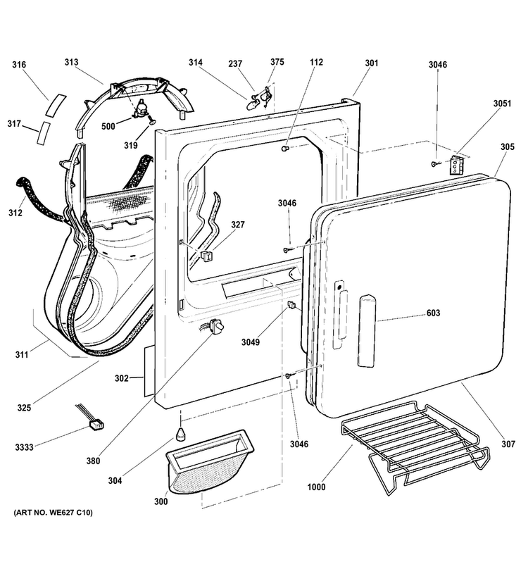 Front Panel & Door Diagram and Parts List for GTDS560GF1WS  General Electric Dryer