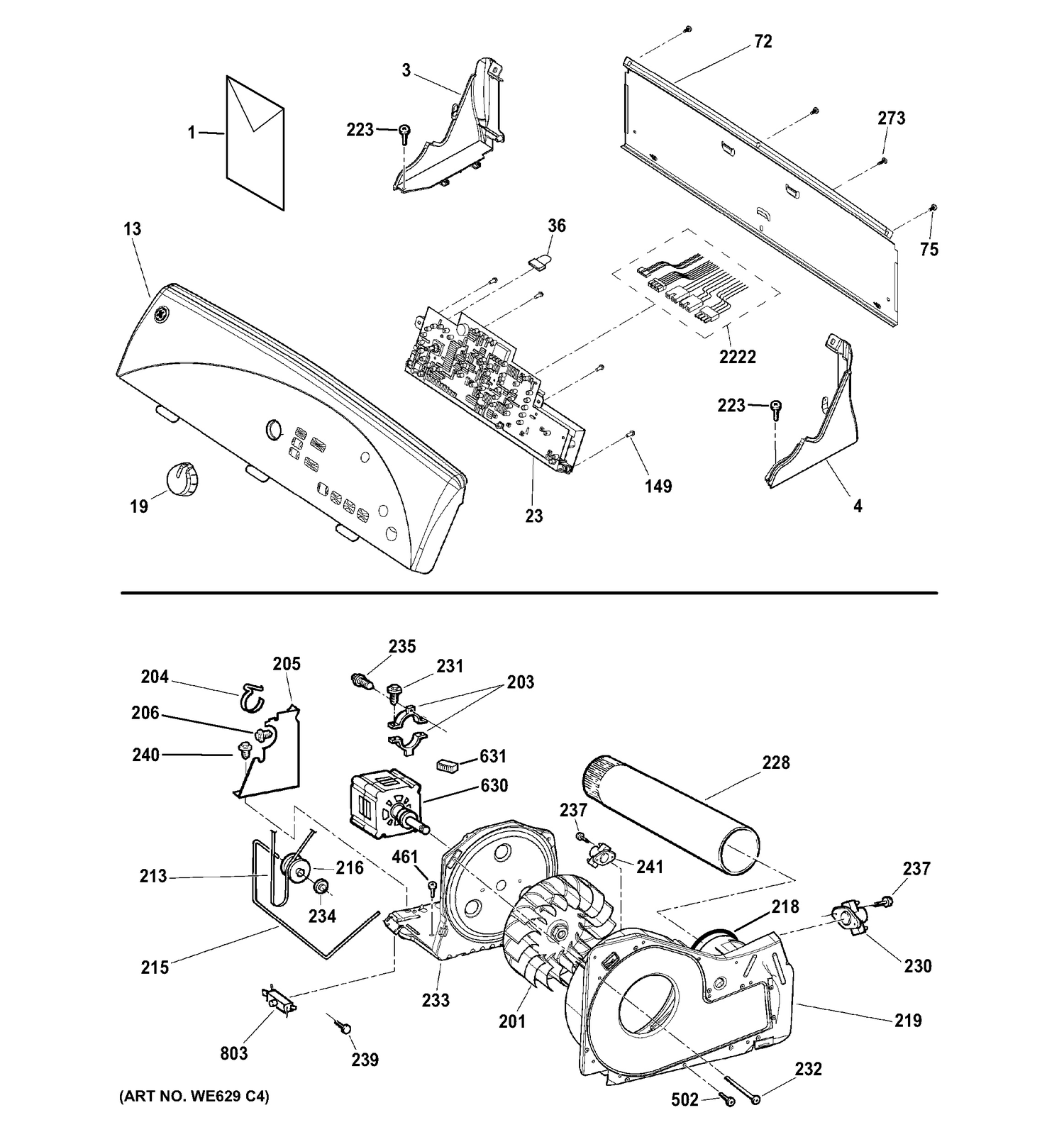 BACKSPLASH, BLOWER & DRIVE ASSEMBLY Diagram and Parts List for GTDN550ED3WW  General Electric Dryer