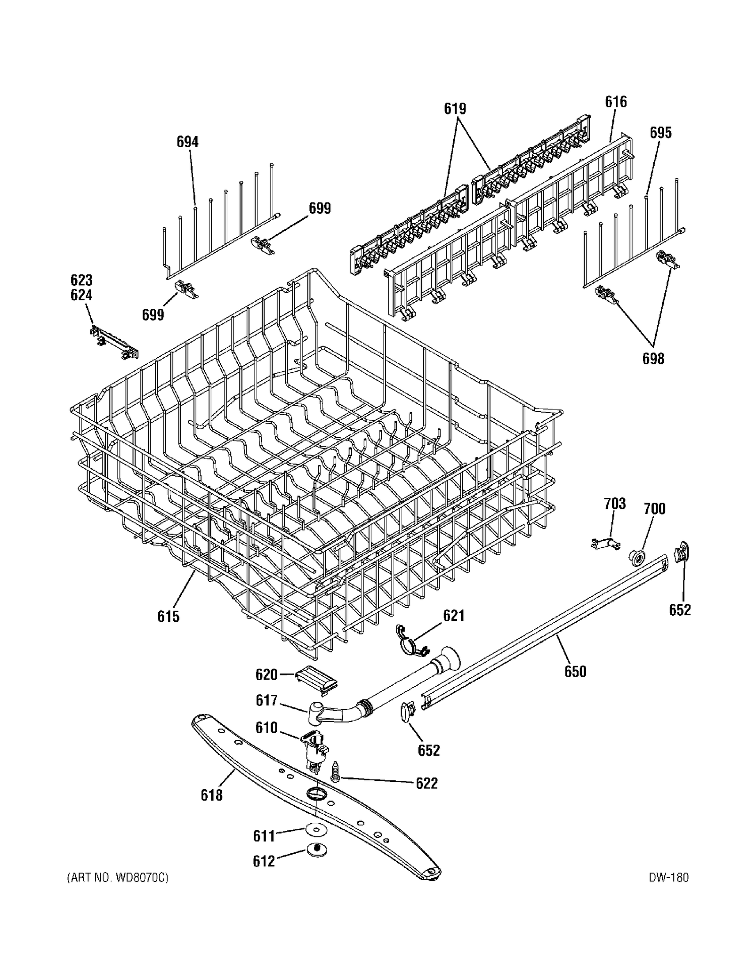 UPPER RACK Diagram and Parts List for PDW7712J00BB  General Electric Dishwasher