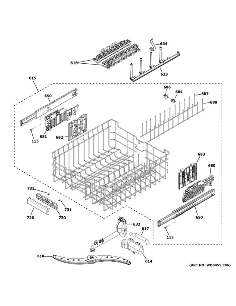 Upper Rack Assembly 1 Diagram and Parts List for ZDT925SSN0SS  General Electric Dishwasher