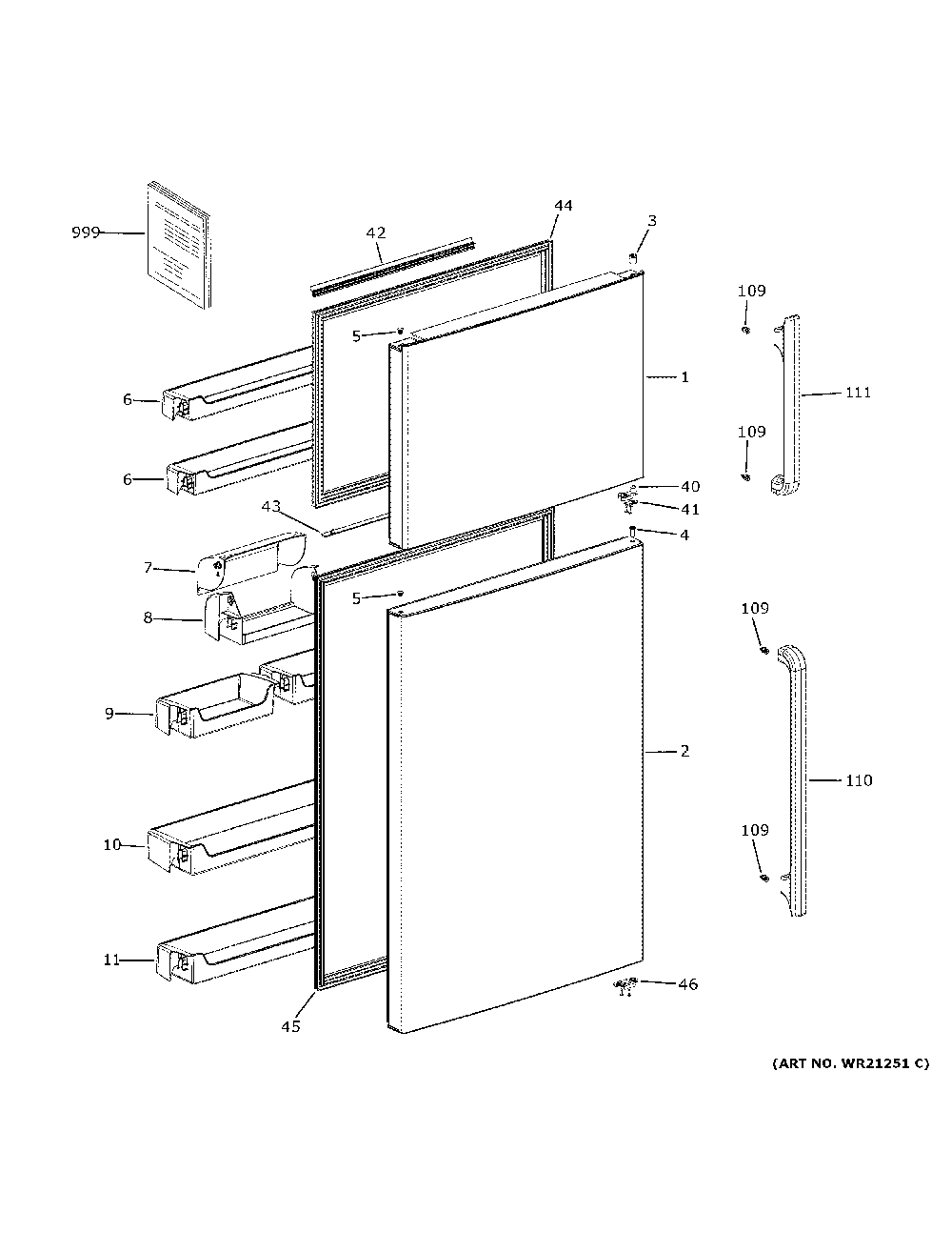 Doors Diagram and Parts List for GTE18MTRBRWW  General Electric Refrigerator