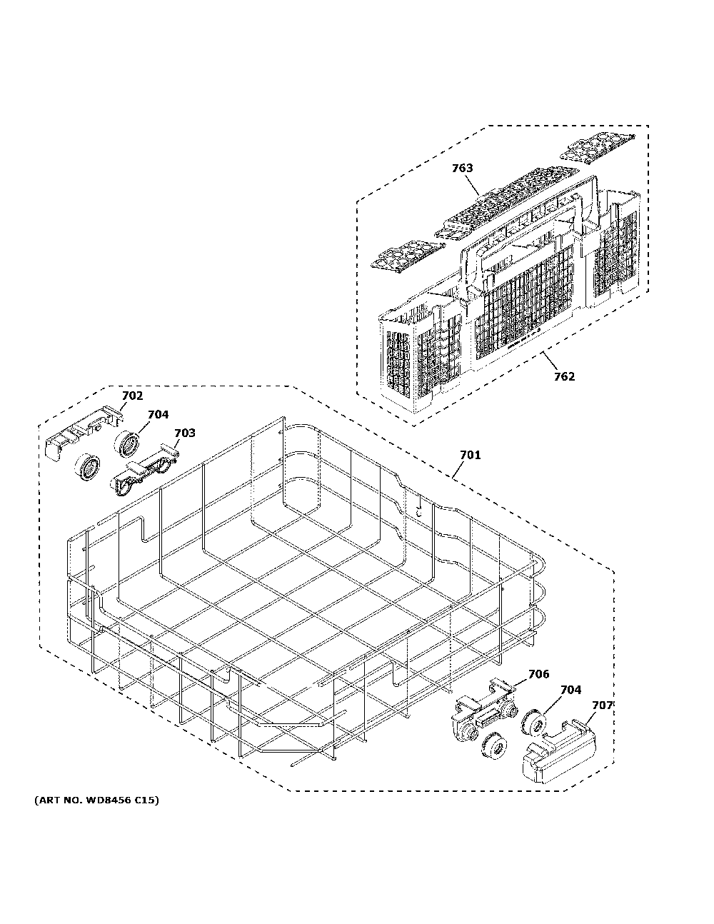 Lower rack assembly Diagram and Parts List for GDF510PGM4BB  General Electric Dishwasher
