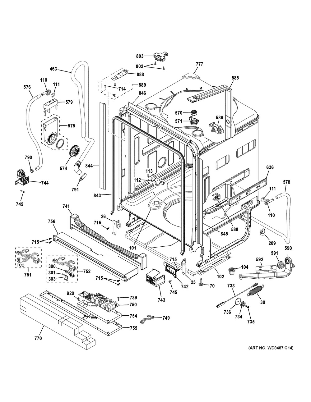 Body Parts Diagram and Parts List for PDF820SSJ4SS  General Electric Dishwasher
