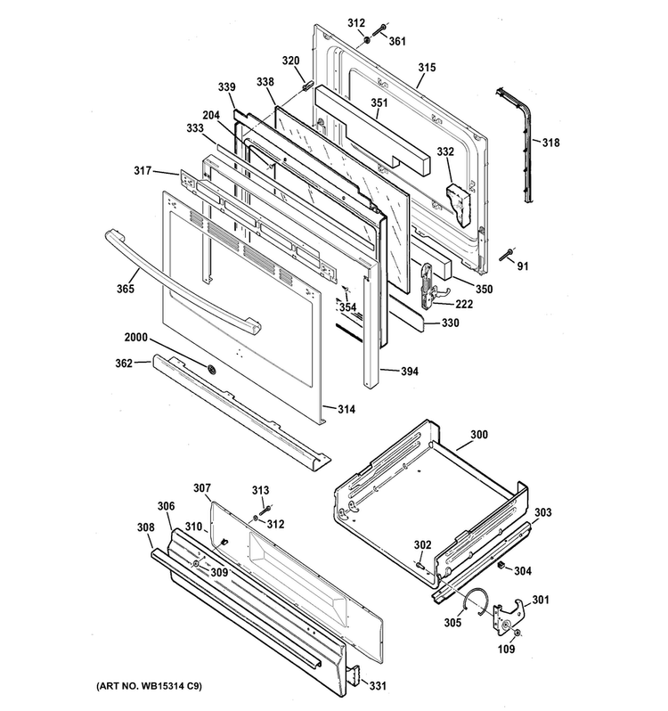 Door & Drawer Parts Diagram and Parts List for JGBS60RLF1SS  General Electric Range