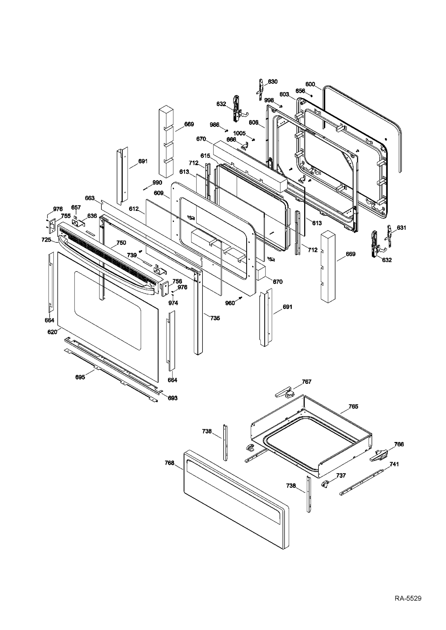 DOOR & DRAWER Diagram and Parts List for RCB787DN3WW  General Electric Range