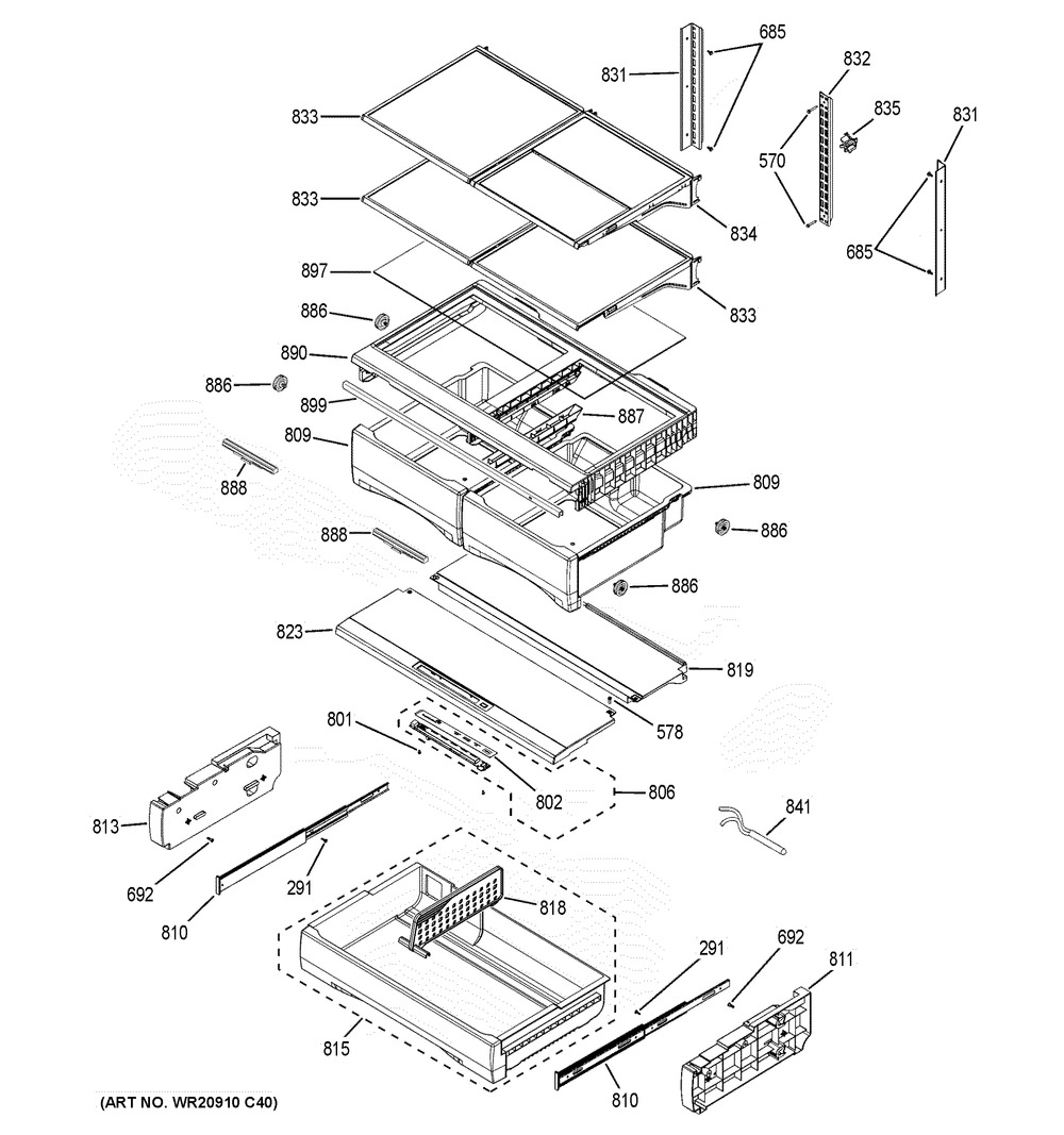 Fresh Food Shelves Diagram and Parts List for PYE22PSKISS  General Electric Refrigerator