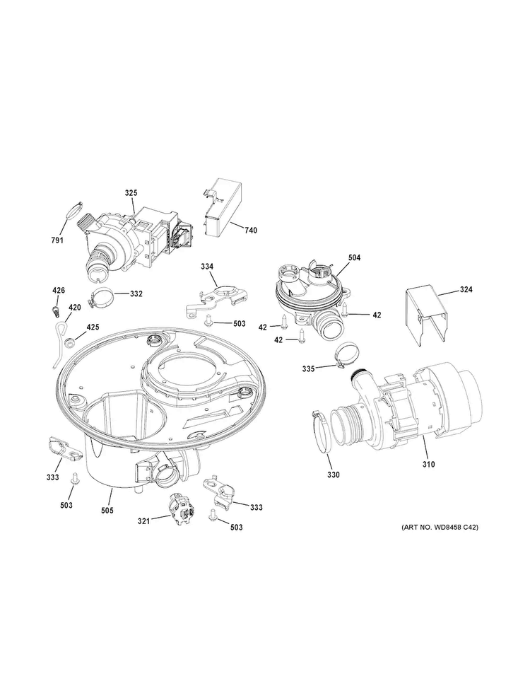 Sump & Motor Mechanism Diagram and Parts List for GDT580SGF2WW  General Electric Dishwasher