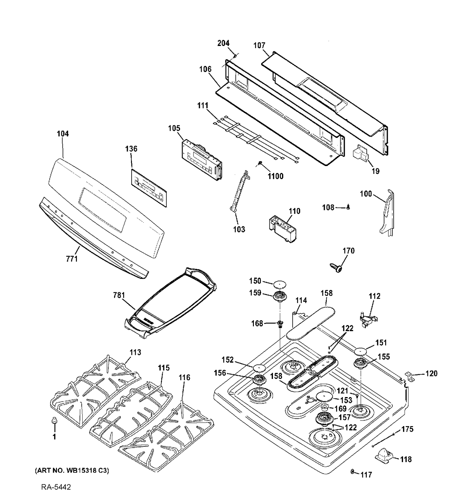 CONTROL PANEL & COOKTOP Diagram and Parts List for JCGB750EEF1ES  General Electric Range